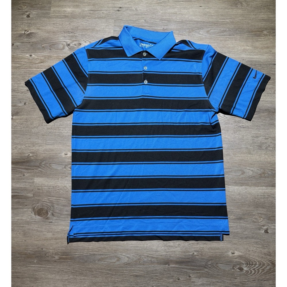 Nike Golf Dri Fit Polo Shirt Men's Medium Blue Black Striped Short Sleeve